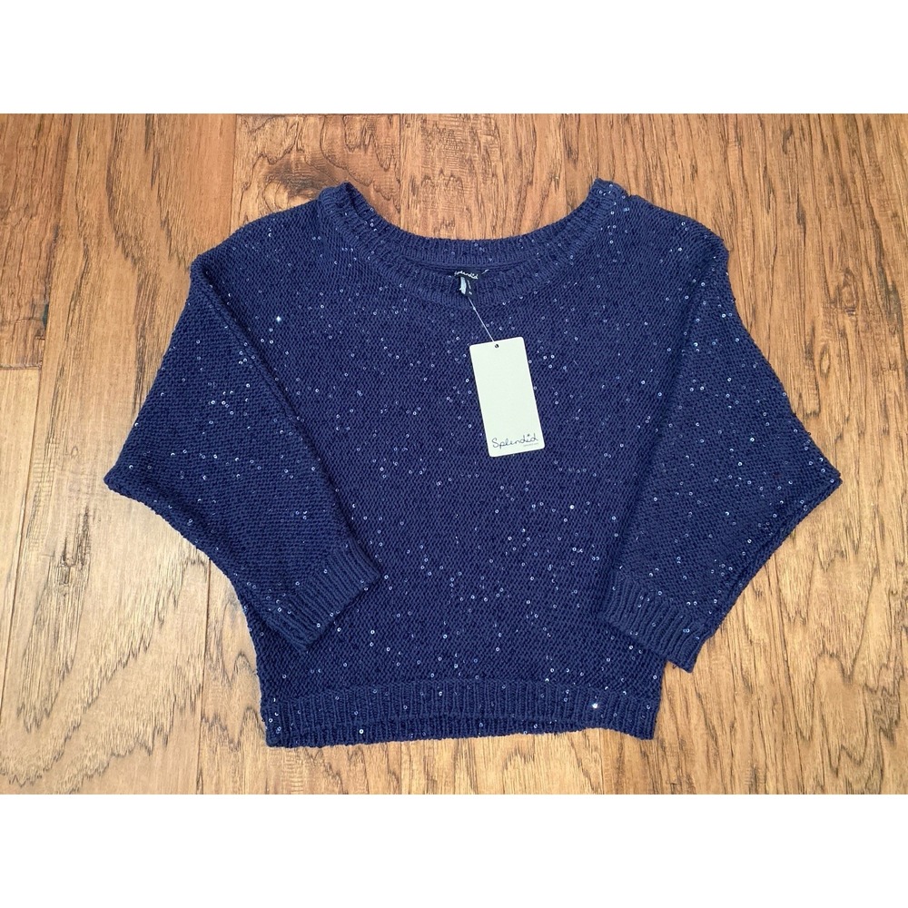 Splendid Navy Blue‎ Sequin Knit Sweater Women's XS Long Sleeve Shiny Sparkle
